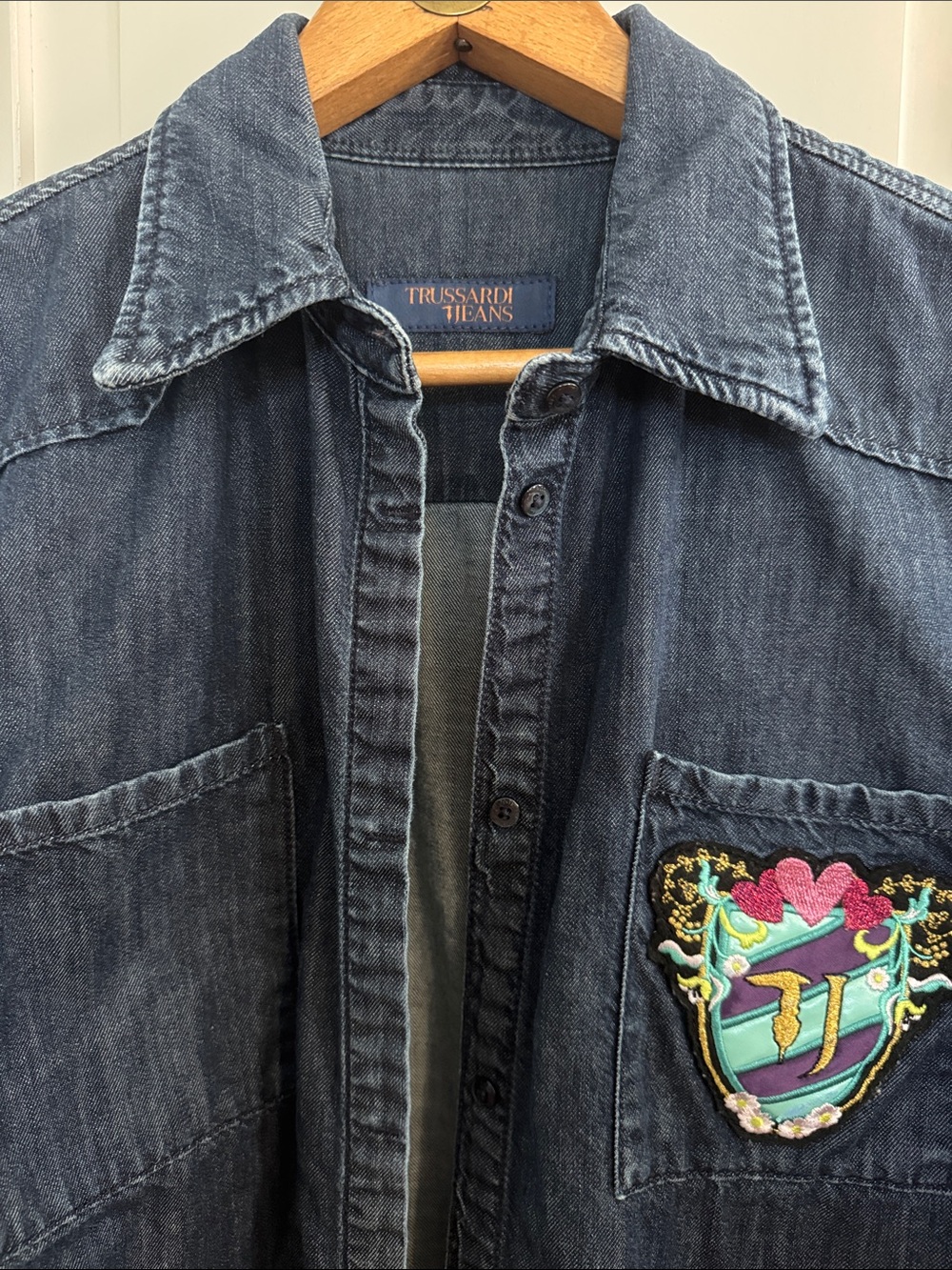 Trussardi Vintage Dark Denim Shirt with Multicolor Crest Patch